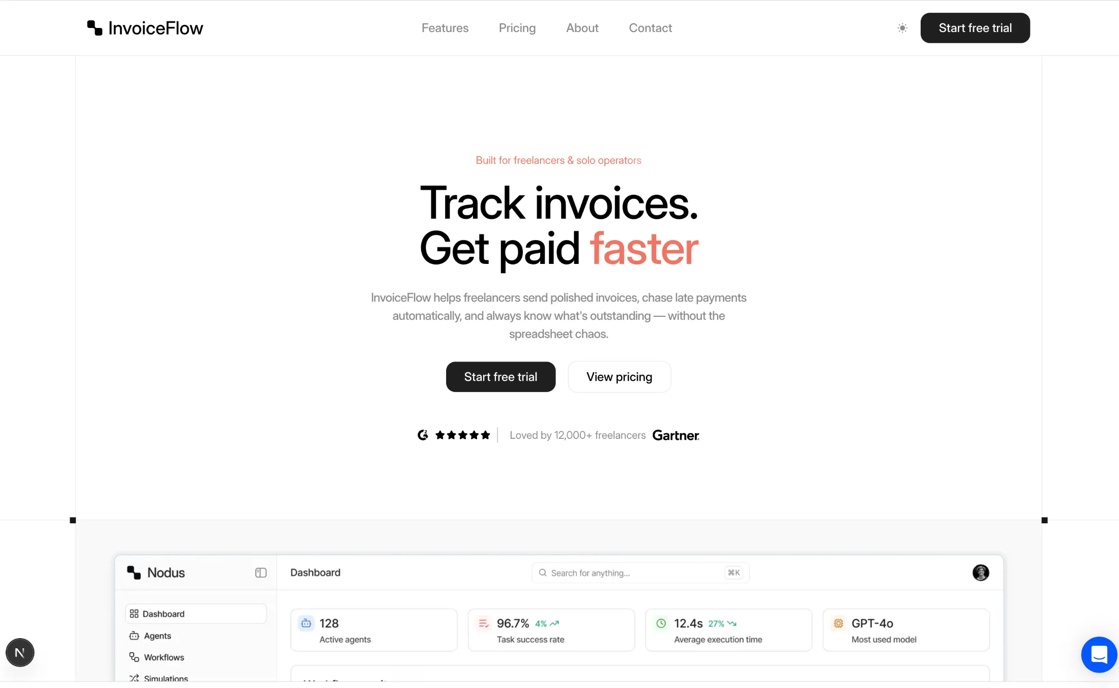 The InvoiceFlow landing page generated by Acebuilder