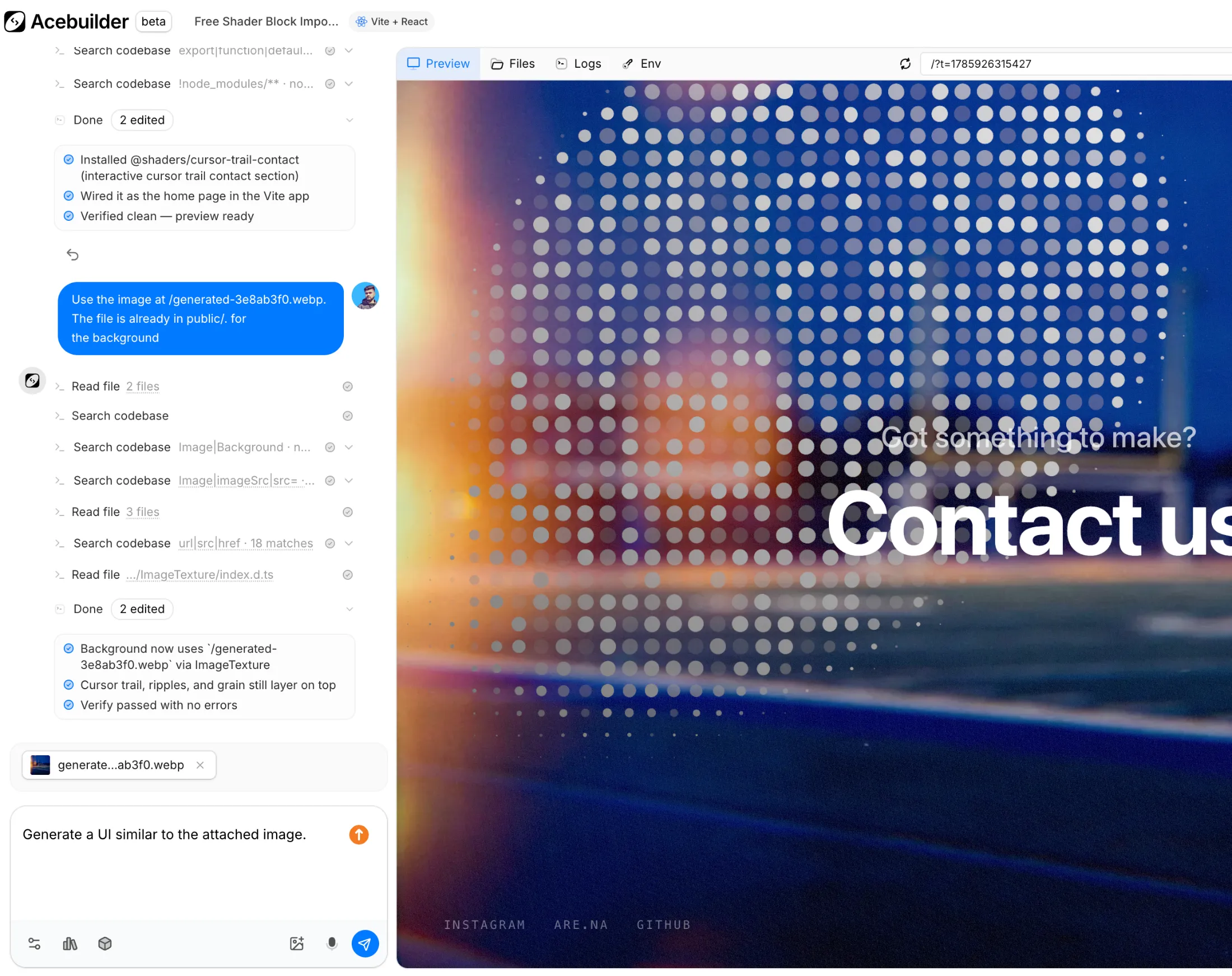 Acebuilder chat with an attached reference image and a live preview following that visual direction