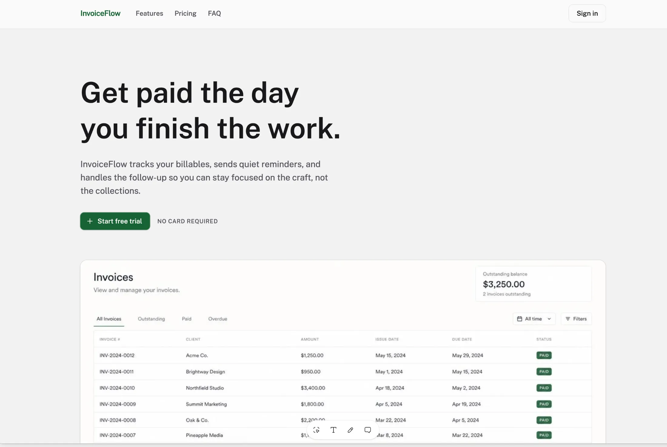 The InvoiceFlow landing page generated by Lovable