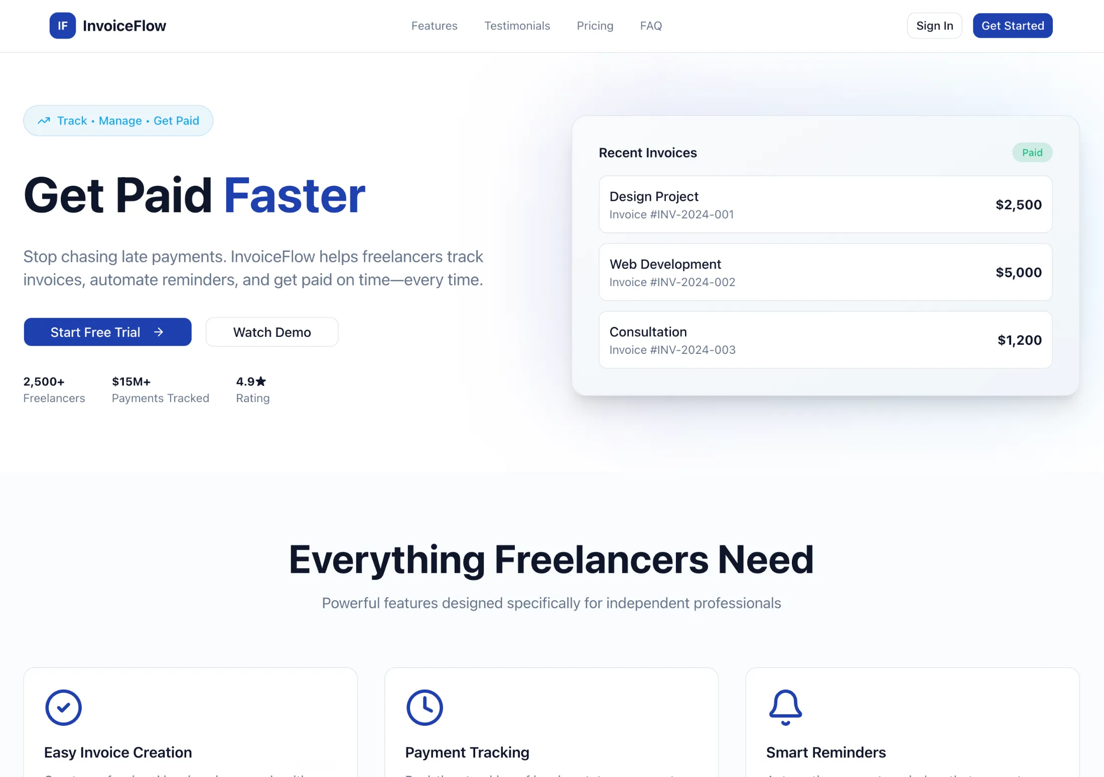 The InvoiceFlow landing page generated by v0